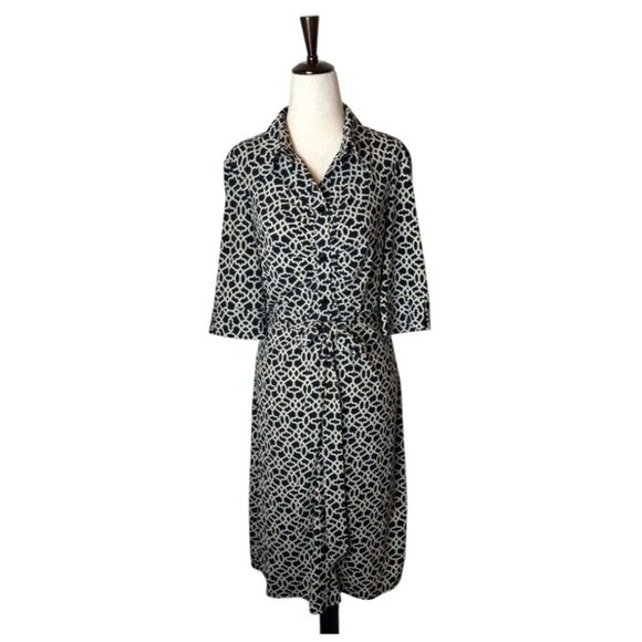 Laundry by Shelli Segal Dress Women 8‎ Black Ivory Greek Key Belted Button Front - Picture 1 of 11